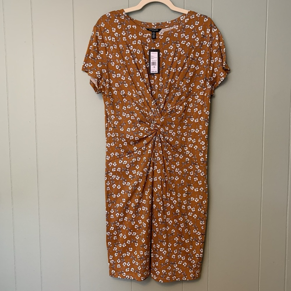 Kenneth Cole Floral Spring Dress XL Flattering Knotted‎ Short Crew Neck NWT $89